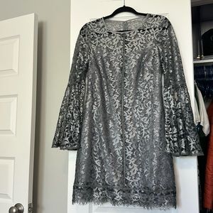 WHBM Metallic Silver Lace Bell-Sleeve Shift Dress
